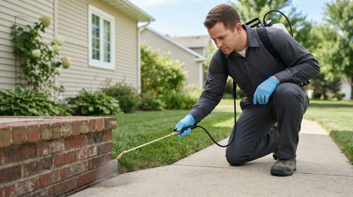 Pest control technician treating a home near Little River, KS