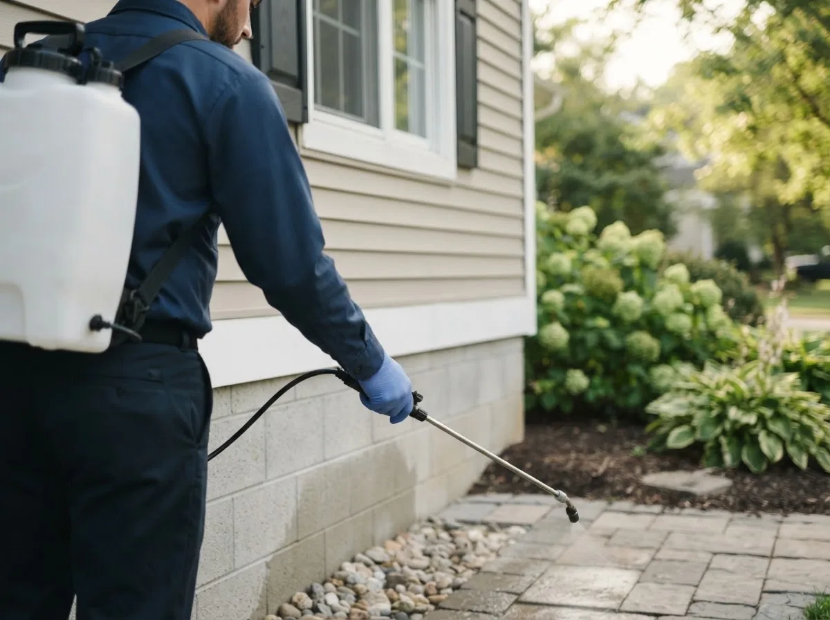 Pest control technician inspecting a home in Little River, KS